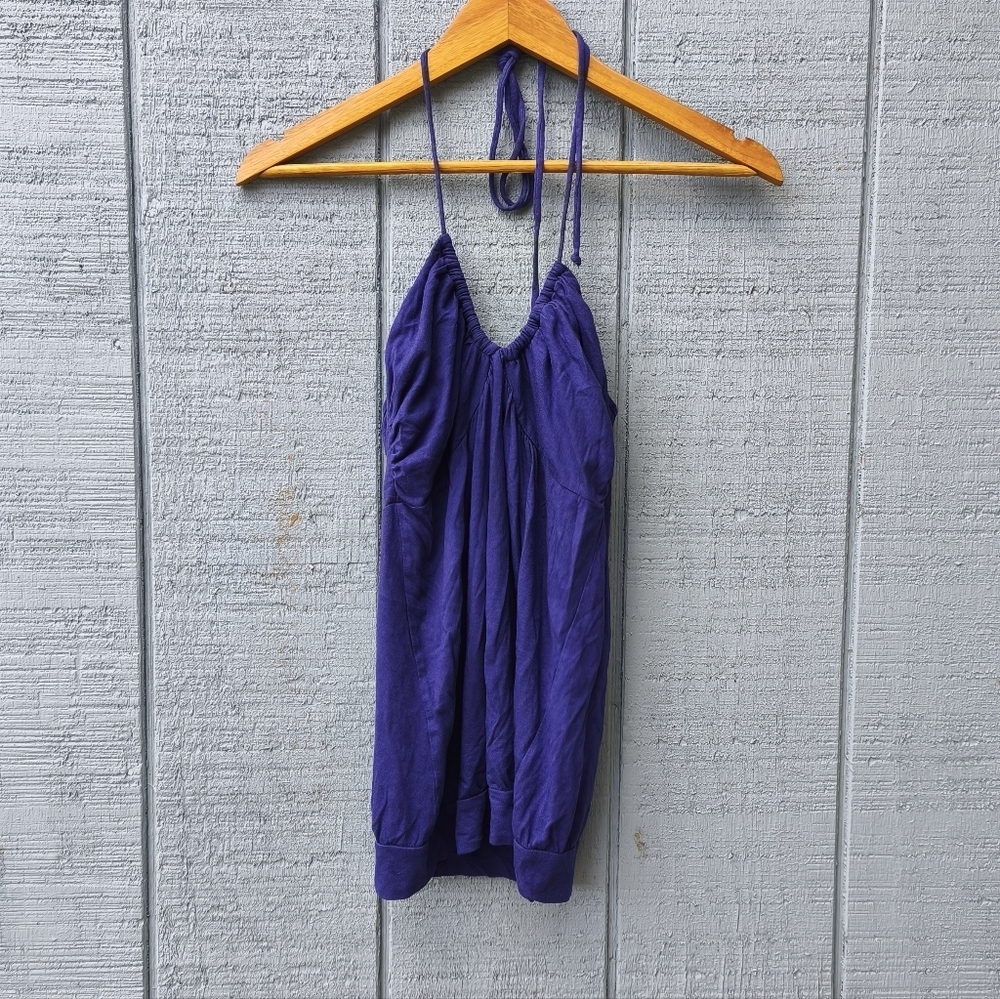 y2k VS Tee Shop Halter Babydoll Top sz XS Blue Purple Cotton Modal Beach Boho
